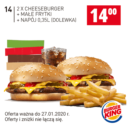 Kupon Burger King - 2x Cheeseburger + małe frytki + napój 0,35l