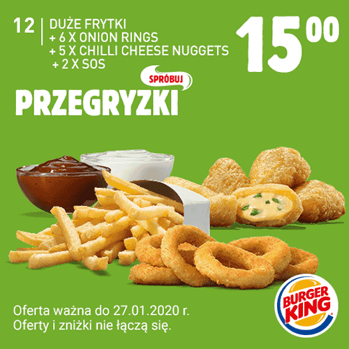Kupon Burger King - Duże frytki + 6x Onion Rings + 5x Chilli Cheese Nuggets + 2x Sos