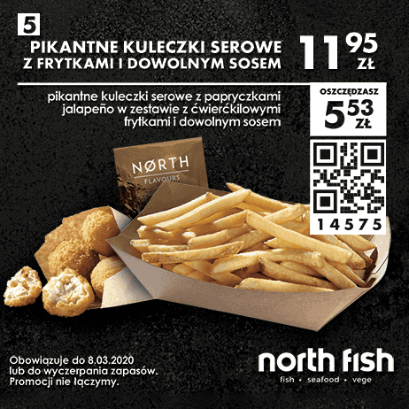 Kupon North Fish - Pikantne kuleczki serowe z frytkami i sosem