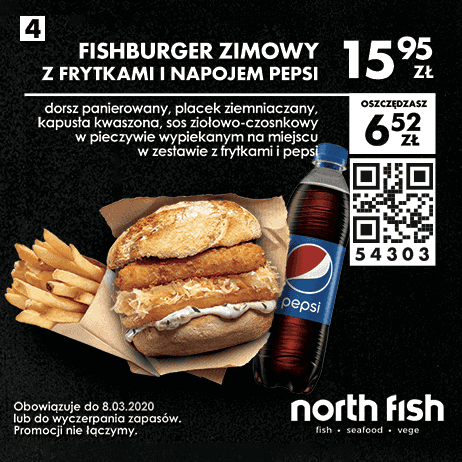 Kupon North Fish - Fishburger zimowy z frytkami i pepsi