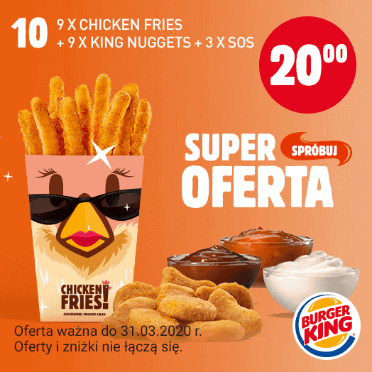 Kupon Burger King - 9 x Chicken Fries + 9 x King Nuggets + 3 x Sos