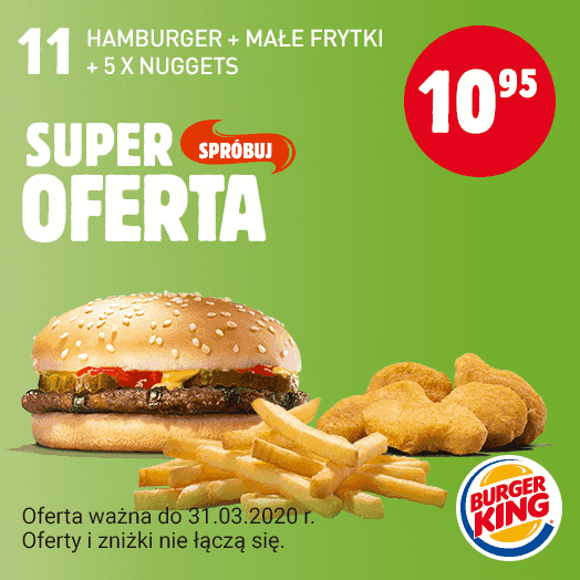Kupon Burger King - Hamburger + małe frytki + 5 x Nuggets