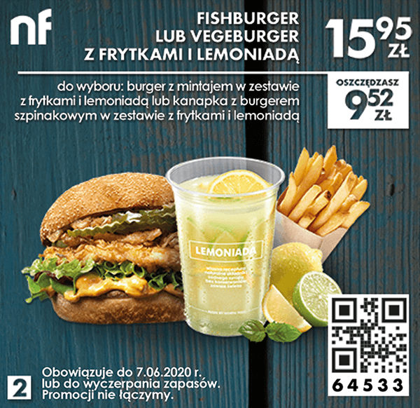Kupon North Fish - Fishburger lub Vegeburger z frytkami i lemoniadą