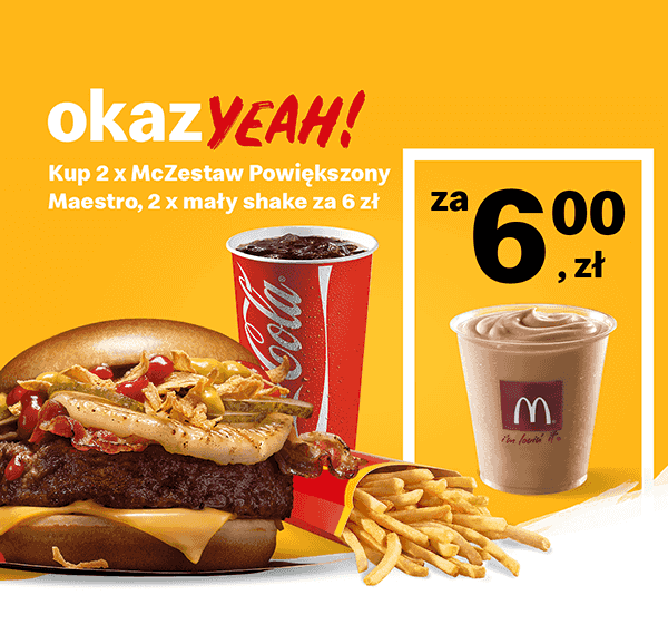 Kupon McDonald's - Kup 2 x McZestaw Powiększony Maestro, 2 x mały shake za 6 zł