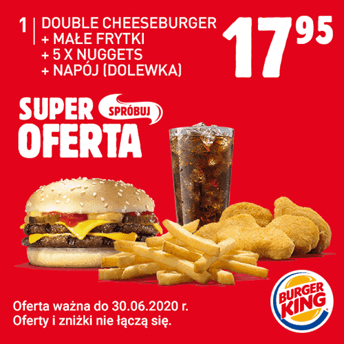 Kupon Burger King - Double Cheeseburger + Małe frytki + 5x Nuggets + Napój