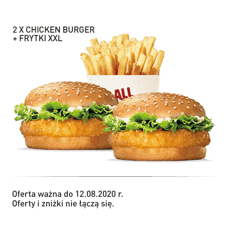 Kupon Burger King - 8 | 2x Chicken Burger + Frytki XXL