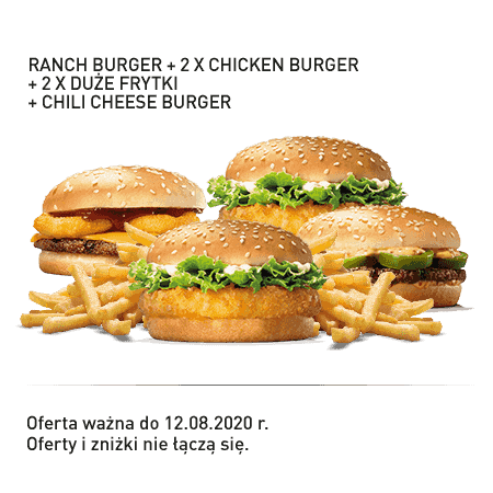 Kupon Burger King - 12 | Ranch Burger + 2x Chicken Burger + 2x Duże frytki + Chili Cheese Burger