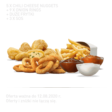 Kupon Burger King - 15 | 5x Chili Cheese Nuggets + 9x Onion Rings + Duże frytki + 3x Sos