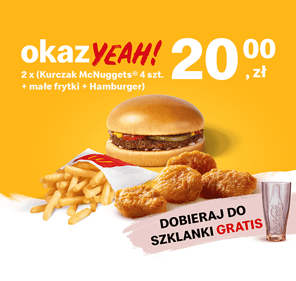 Kupon McDonald's - 2 x (4 szt. Kurczak McNuggets® + Hamburger + małe frytki)