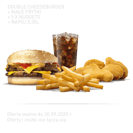 Kupon Burger King - 1 | Double Cheeseburger + Małe frytki + 5x Nuggets + Napój 0,35l