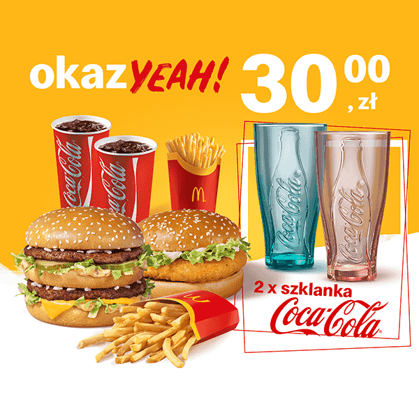 Kupon McDonald's - McZestaw Powiększony Big Mac® + McZestaw Powiększony McChicken® + 2 x szklanka Coca-Cola®