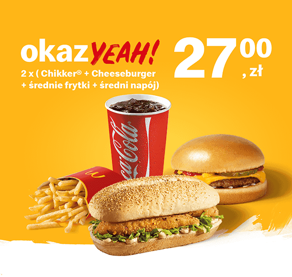 Kupon McDonald's - 2 x (Chikker® + Cheeseburger + średnie frytki + średni napój)
