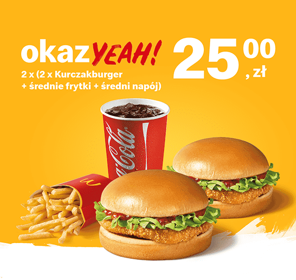 Kupon McDonald's - 2 x (2 x Kurczakburger + średnie frytki + średni napój)