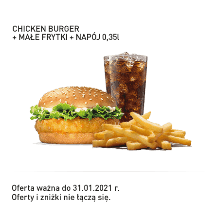 Kupon Burger King - 5 | Chicken Burger + Małe frytki + Napój 0,35l