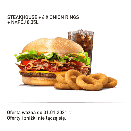 Kupon Burger King - 11 | Steakhouse + 6x Onion Rings + Napój 0,35l