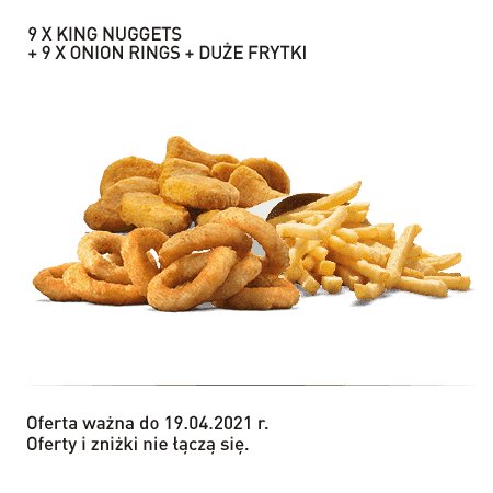 Kupon Burger King - 12 | 9x King Nuggets + 9x Onion Rings + Duże frytki