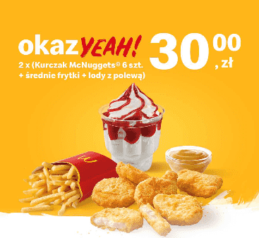 Kupon McDonald's - 2 x (Kurczak McNuggets® 6 szt. + średnie frytki + lody z polewą)
